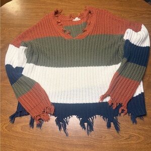 Eesome Colorblock Frayed V-Neck Sweater
